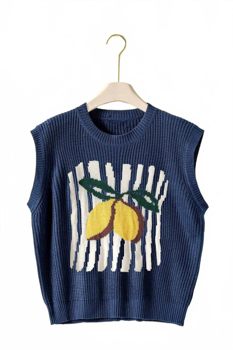 NEW URBAN DAIZY women's lemon graphic knit vest in navy